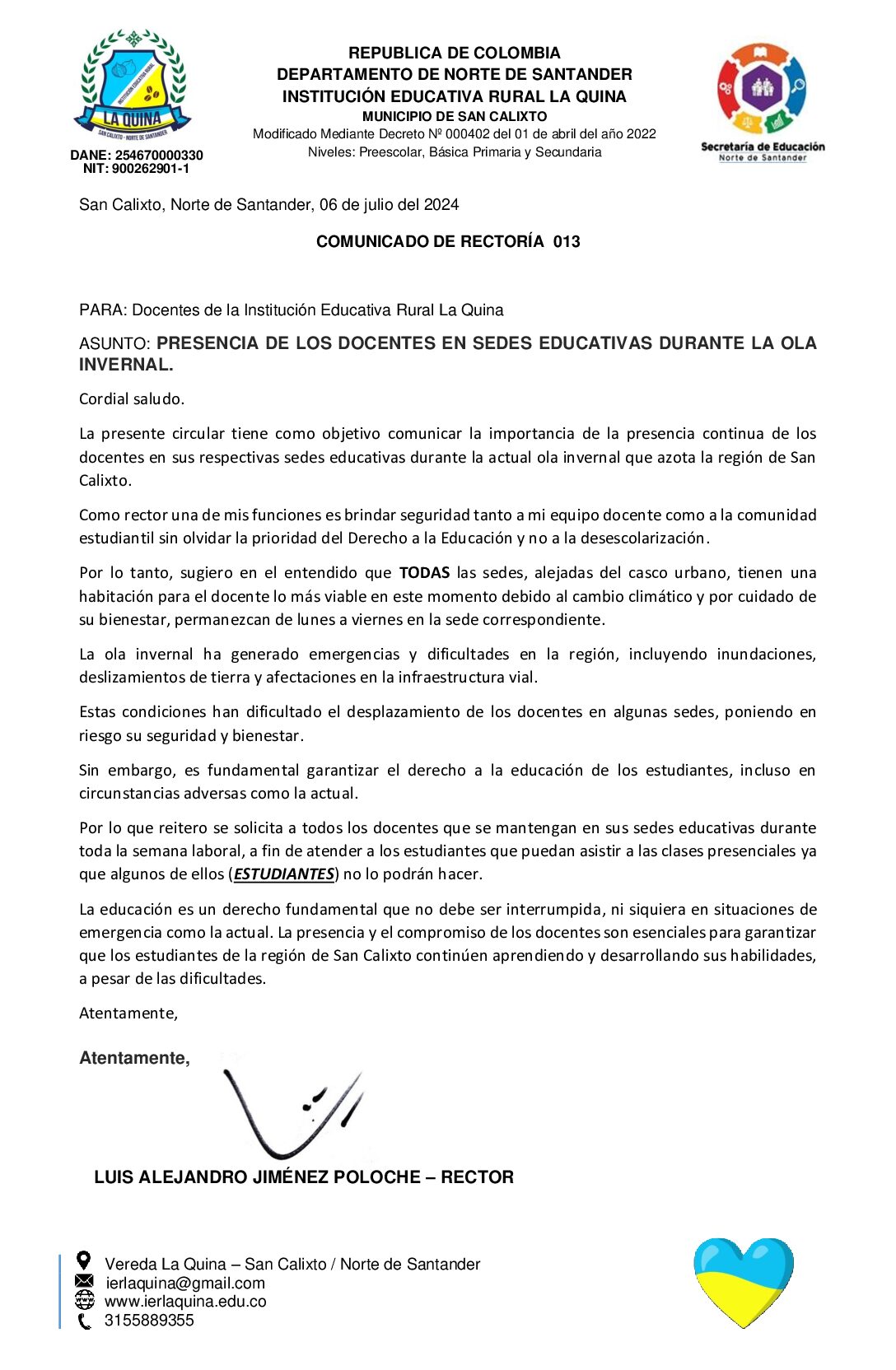 COMUNICADO DE RECTORÍA 013